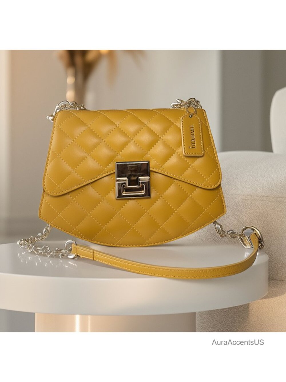 Quilted Vegan Leather Crossbody Bag with Gold Chain Strap - Picture 6 of 6